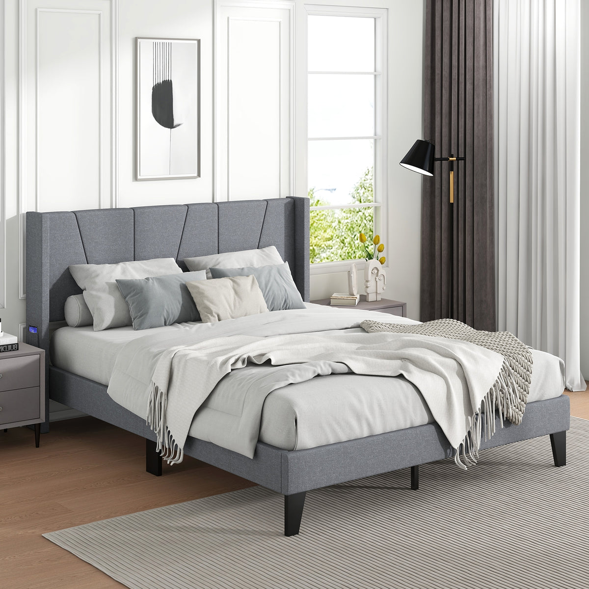 Queen Size Bed Frame With Wingback Headboard, Wood Slat Support, Gray Simple Bed Frame at Gallery Canada
