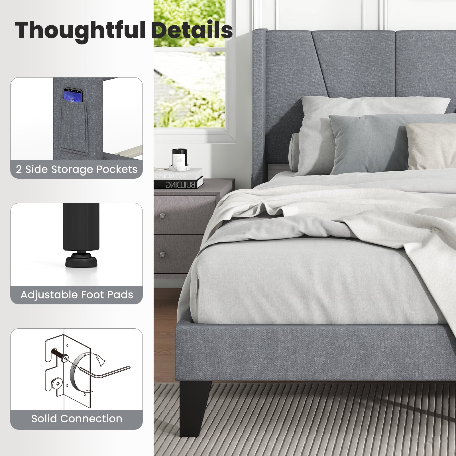 Queen Size Bed Frame With Wingback Headboard, Wood Slat Support, Gray Simple Bed Frame at Gallery Canada