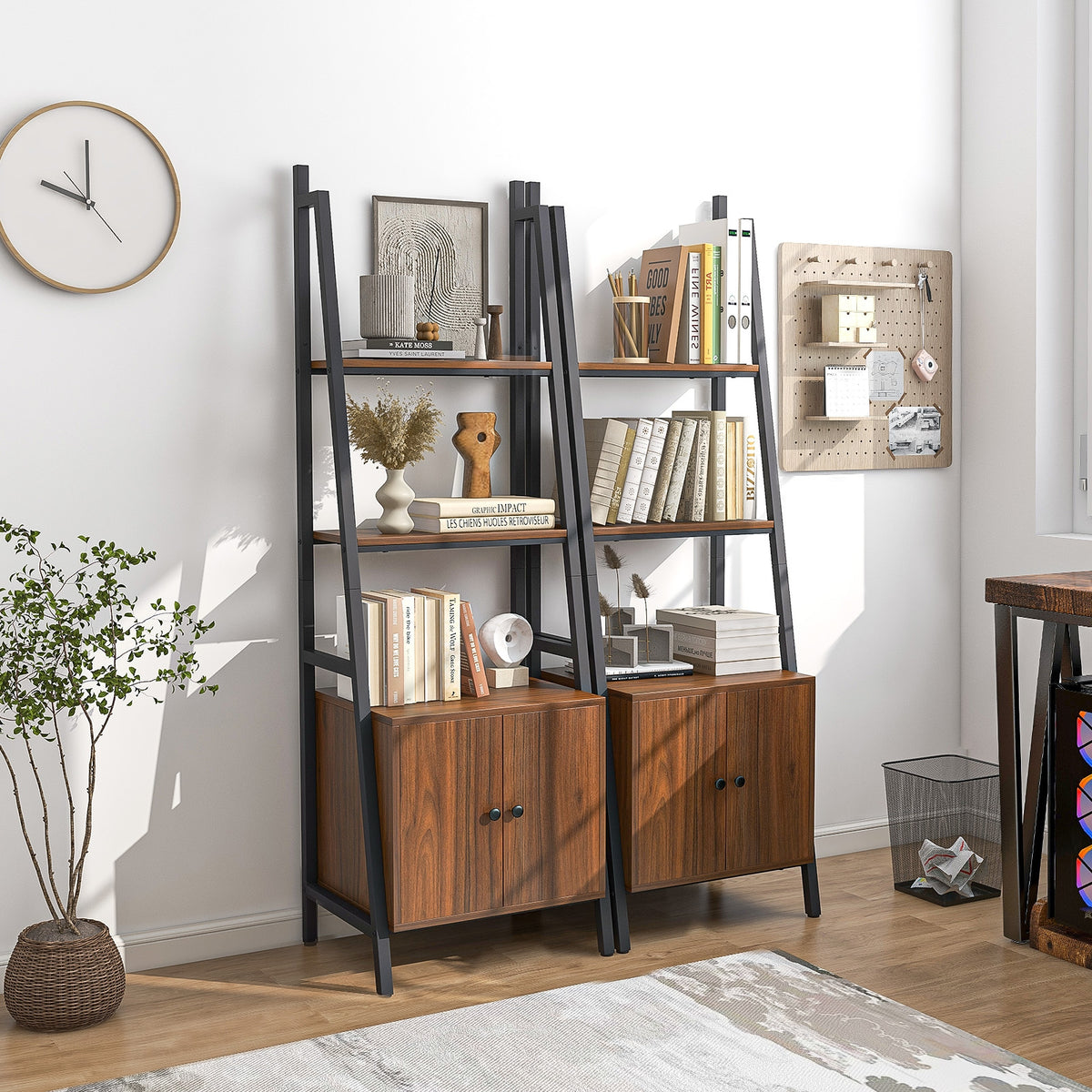 4-Tier Ladder Shelf With Cabinet, Metal Frame, Rustic Brown Bookcases at Gallery Canada