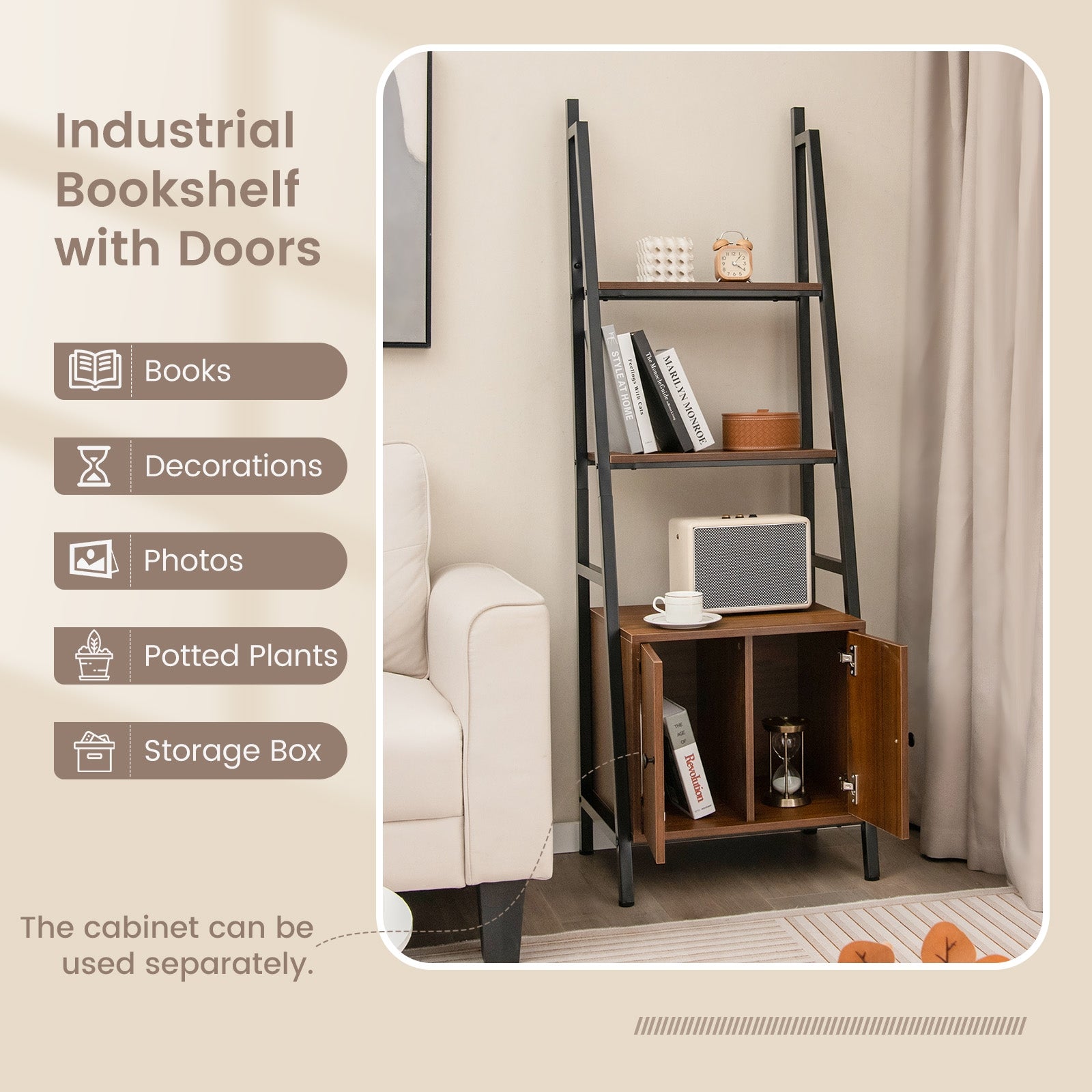 4-Tier Ladder Shelf With Cabinet, Metal Frame, Rustic Brown Bookcases at Gallery Canada