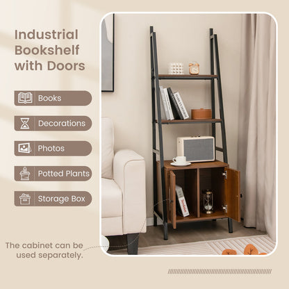 4-Tier Ladder Shelf With Cabinet, Metal Frame, Rustic Brown Bookcases at Gallery Canada