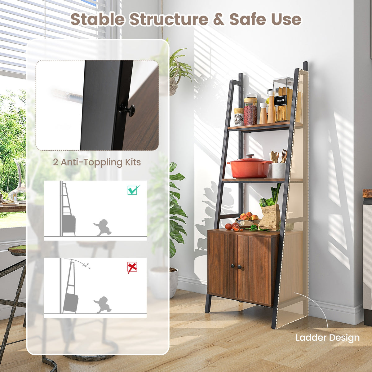 4-Tier Ladder Shelf With Cabinet, Metal Frame, Rustic Brown Bookcases at Gallery Canada