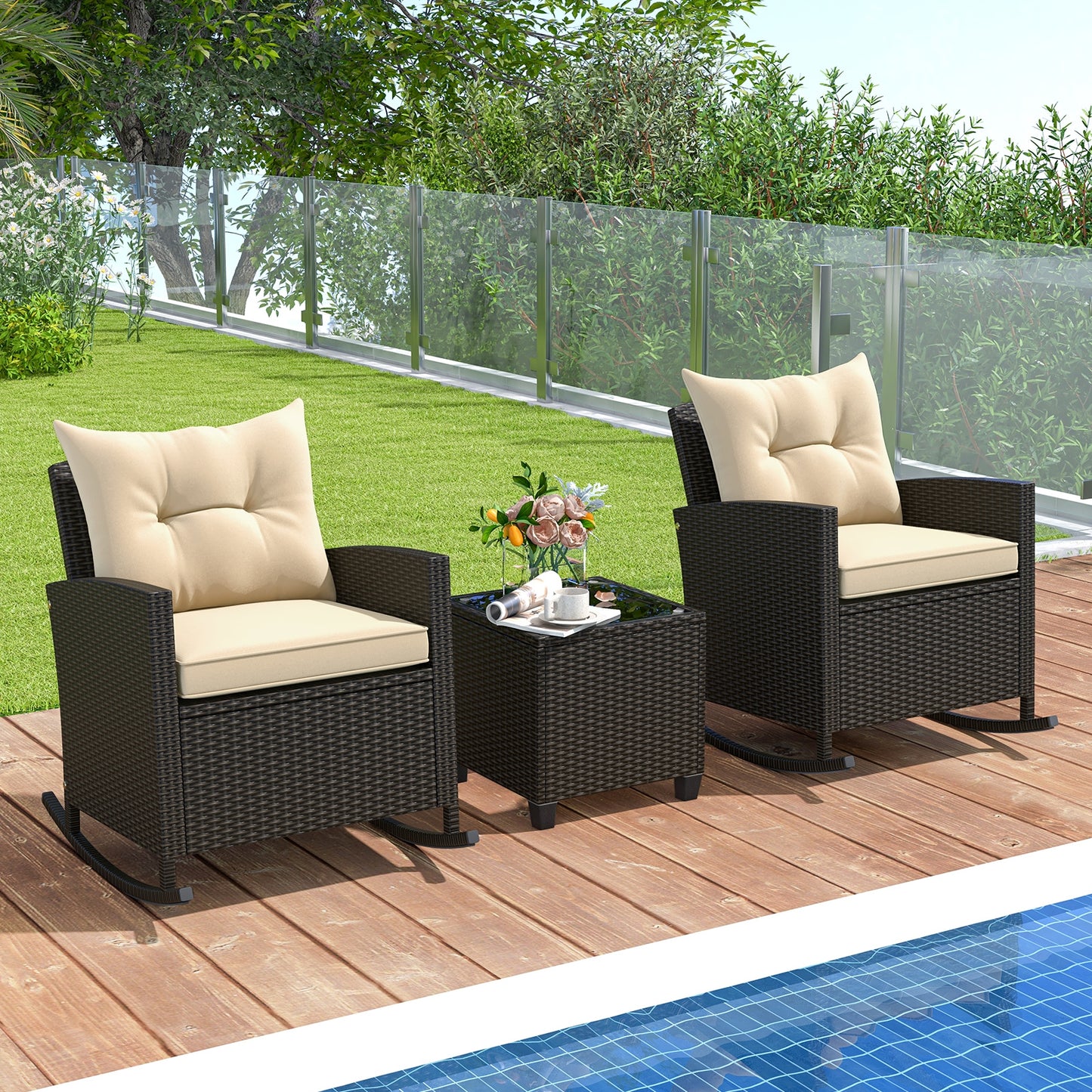 3-Piece Patio Rattan Rocker Chairs, Tempered Glass Table, Soft Cushions, Beige Patio Conversation Sets at Gallery Canada