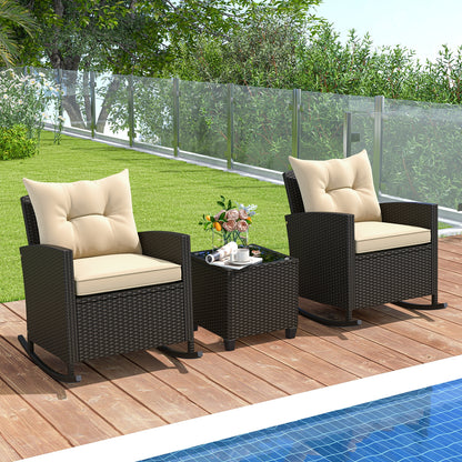 3-Piece Patio Rattan Rocker Chairs, Tempered Glass Table, Soft Cushions, Beige Patio Conversation Sets at Gallery Canada
