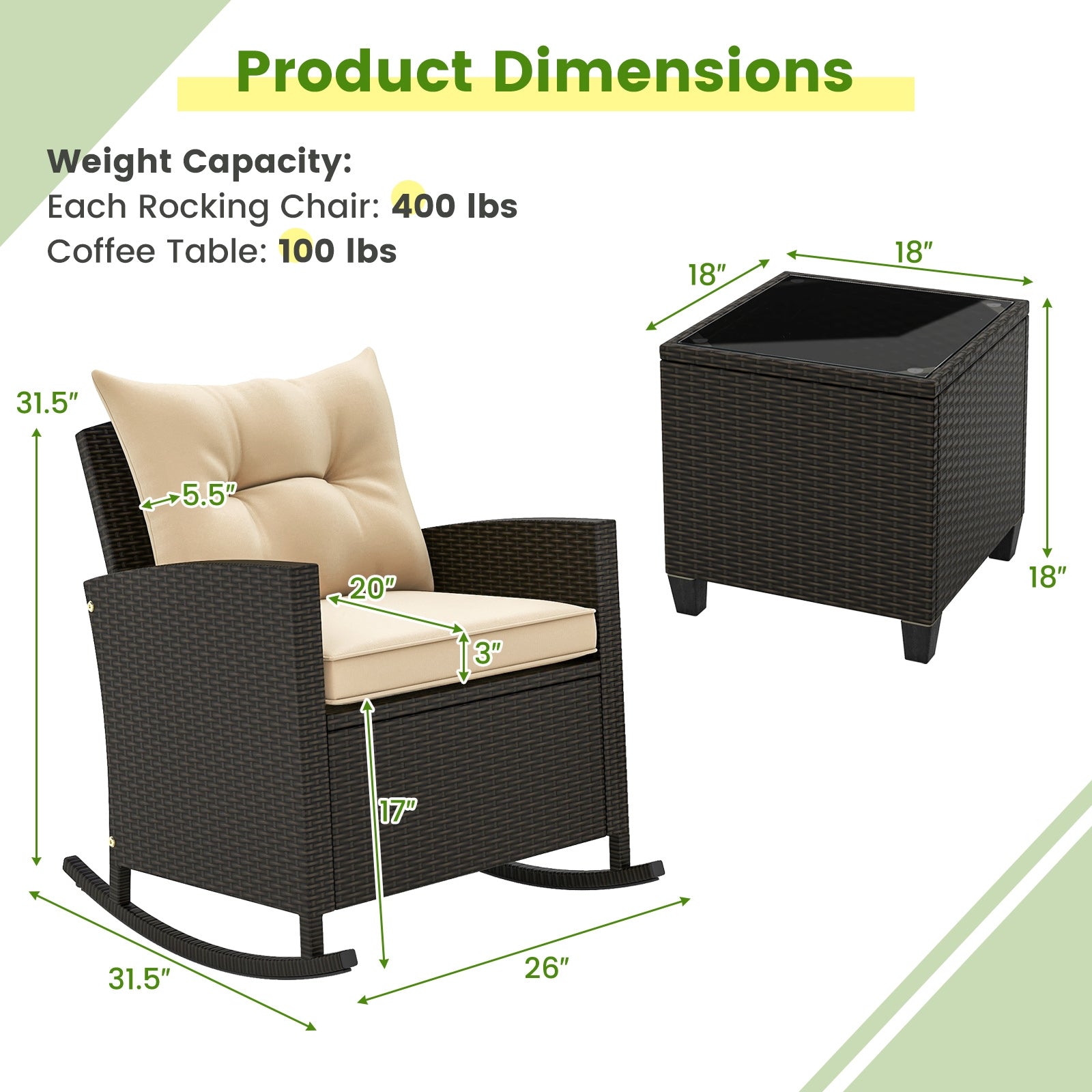 3-Piece Patio Rattan Rocker Chairs, Tempered Glass Table, Soft Cushions, Beige Patio Conversation Sets at Gallery Canada
