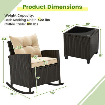 3-Piece Patio Rattan Rocker Chairs, Tempered Glass Table, Soft Cushions, Beige Patio Conversation Sets at Gallery Canada