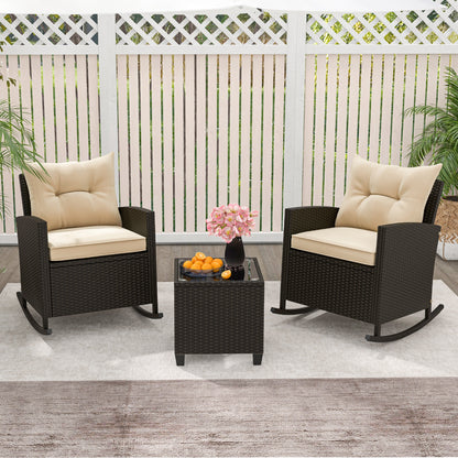 3-Piece Patio Rattan Rocker Chairs, Tempered Glass Table, Soft Cushions, Beige Patio Conversation Sets at Gallery Canada