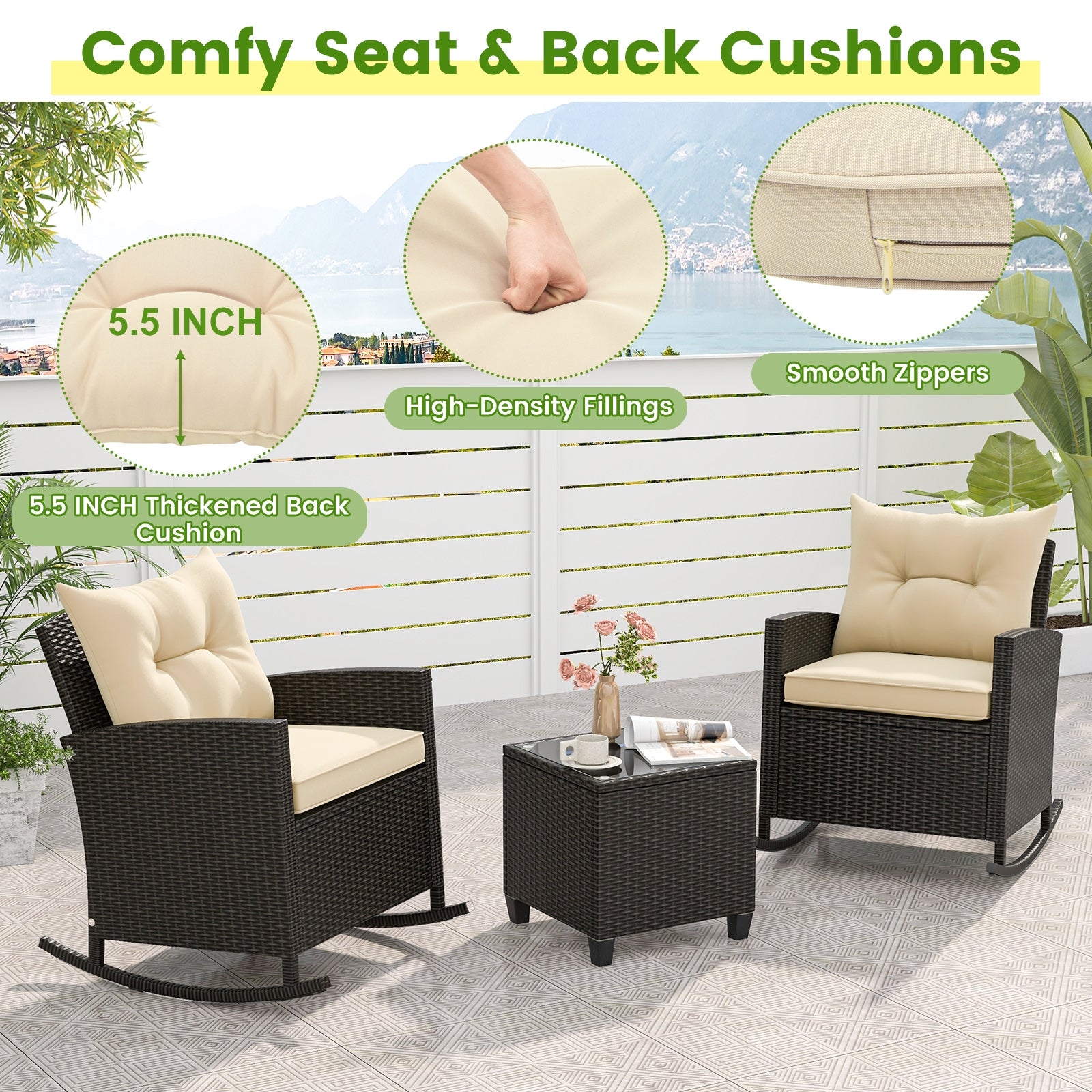 3-Piece Patio Rattan Rocker Chairs, Tempered Glass Table, Soft Cushions, Beige Patio Conversation Sets at Gallery Canada