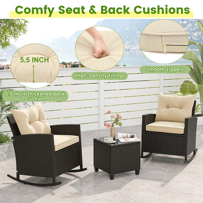3-Piece Patio Rattan Rocker Chairs, Tempered Glass Table, Soft Cushions, Beige Patio Conversation Sets at Gallery Canada