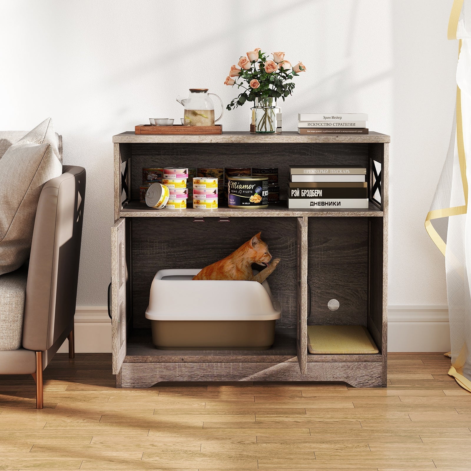 Cat Litter Box Enclosure, Hidden Washroom Furniture With Storage, Gray Cat Houses at Gallery Canada