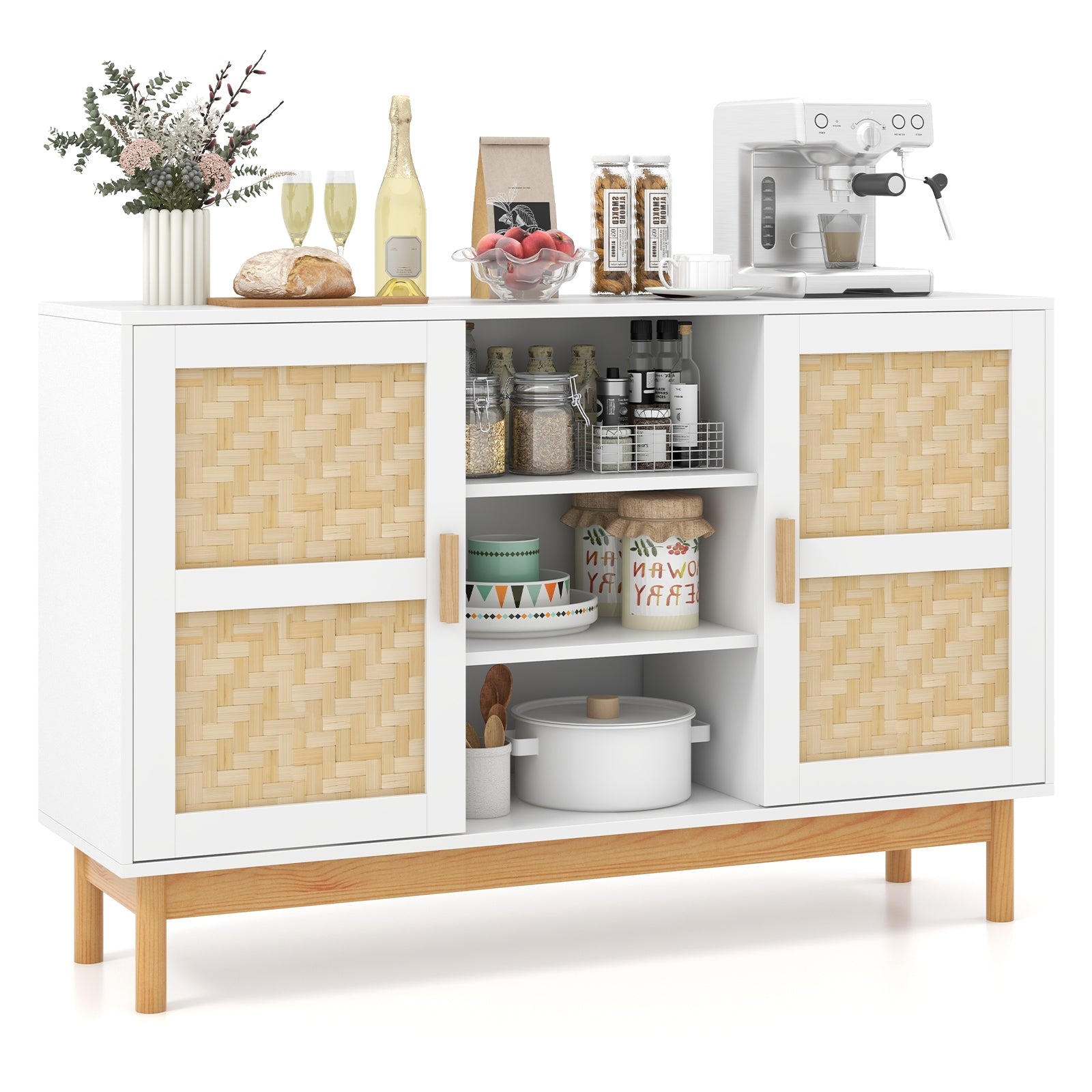 48 Inch Sideboard Buffet Cabinet, 2 Bamboo Woven Doors, White Sideboards Cabinets & Buffets at Gallery Canada