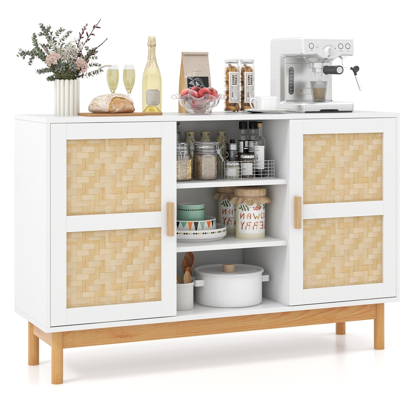 48 Inch Sideboard Buffet Cabinet, 2 Bamboo Woven Doors, White Sideboards Cabinets & Buffets at Gallery Canada