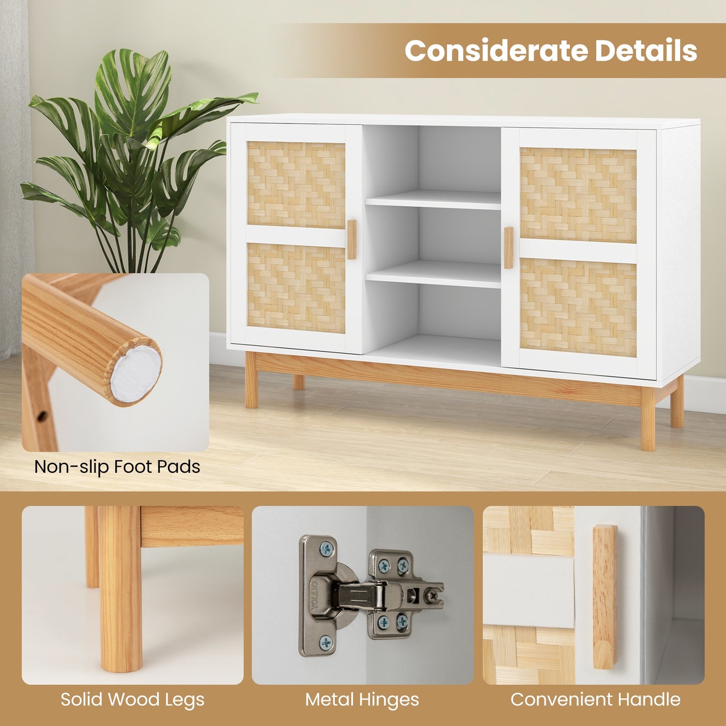 48 Inch Sideboard Buffet Cabinet, 2 Bamboo Woven Doors, White Sideboards Cabinets & Buffets at Gallery Canada