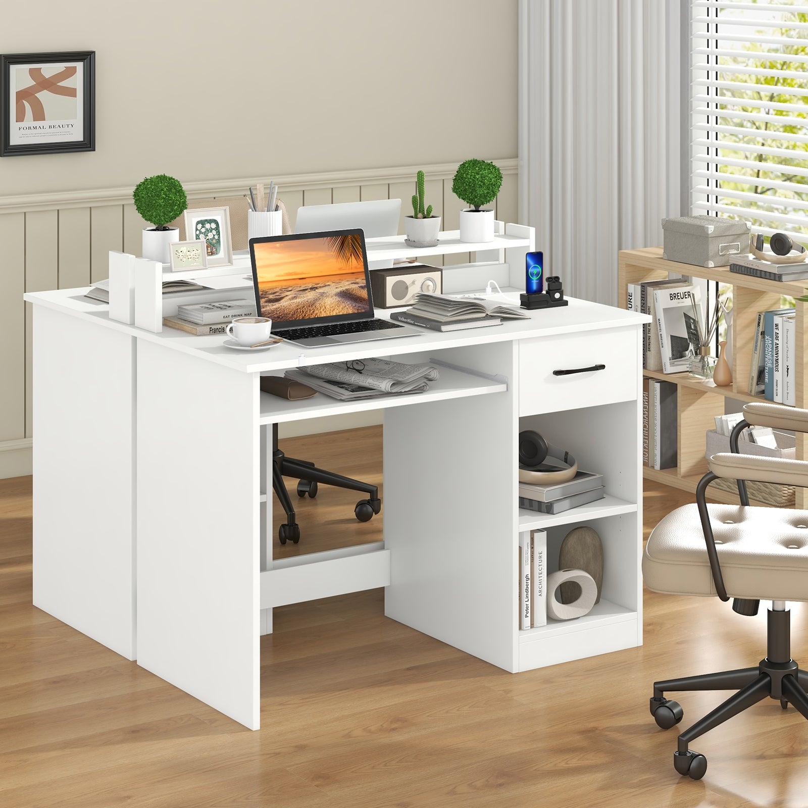 Desk With Charging Station, Adjustable Shelf, White Writing Desks at Gallery Canada