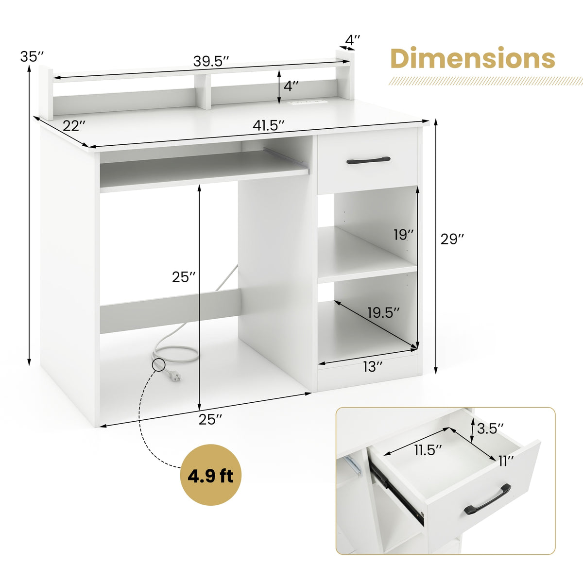 Desk With Charging Station, Adjustable Shelf, White Writing Desks at Gallery Canada