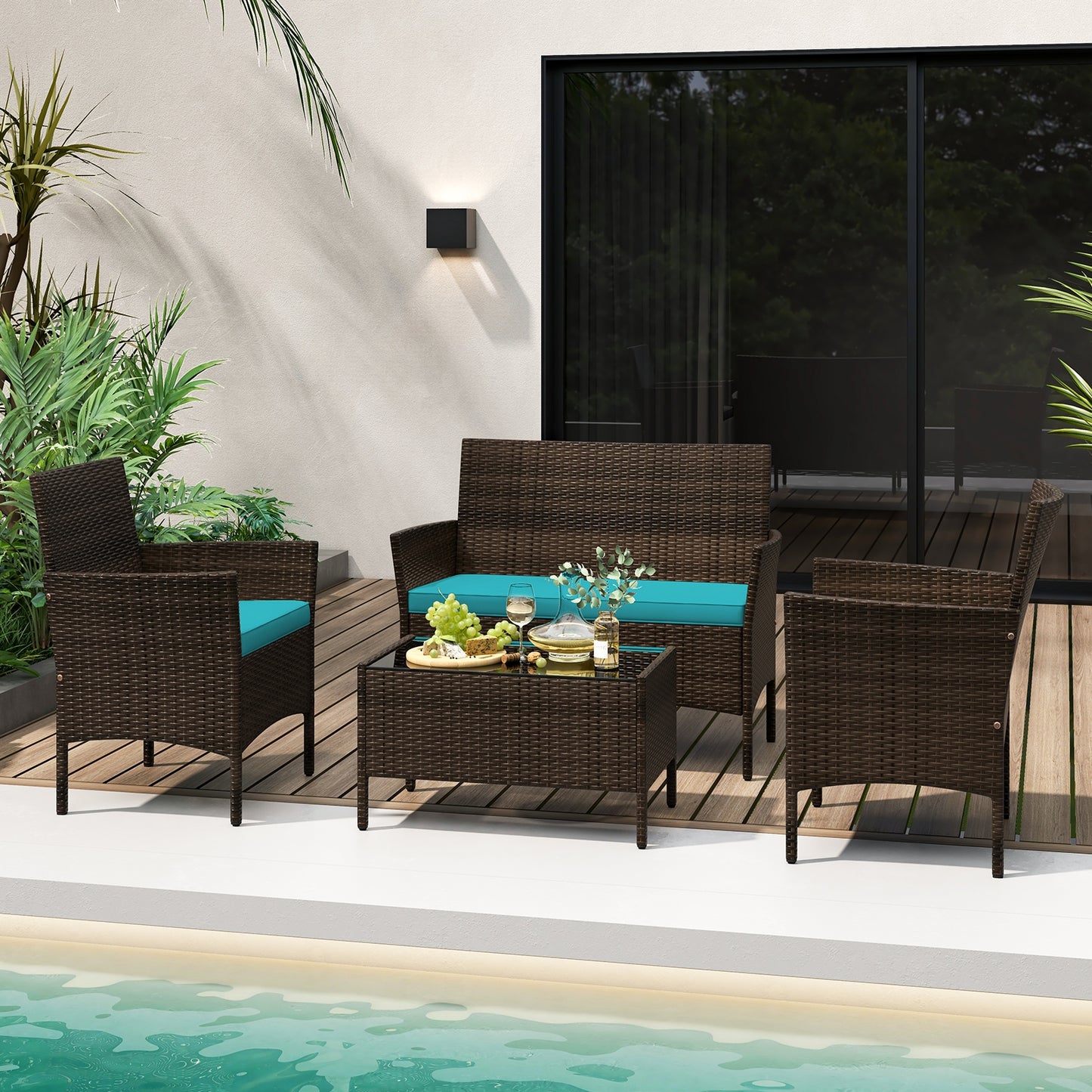4 Piece Patio Rattan Conversation Set With Cozy Seat Cushions, Turquoise Patio Conversation Sets at Gallery Canada