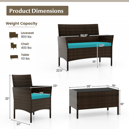 4 Piece Patio Rattan Conversation Set With Cozy Seat Cushions, Turquoise Patio Conversation Sets at Gallery Canada