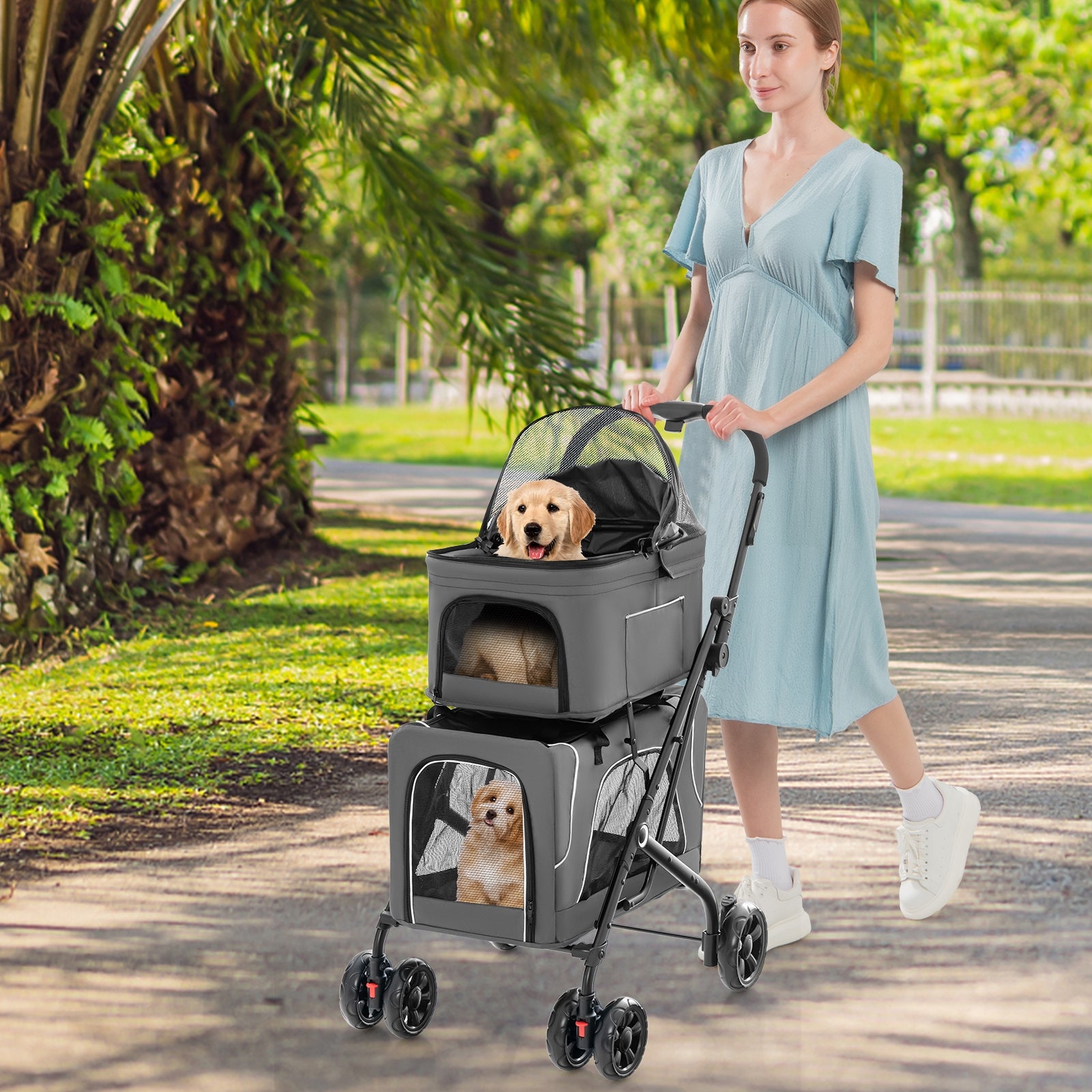 Double Pet Stroller, Foldable 3-in-1, Gray Dog Supplies at Gallery Canada