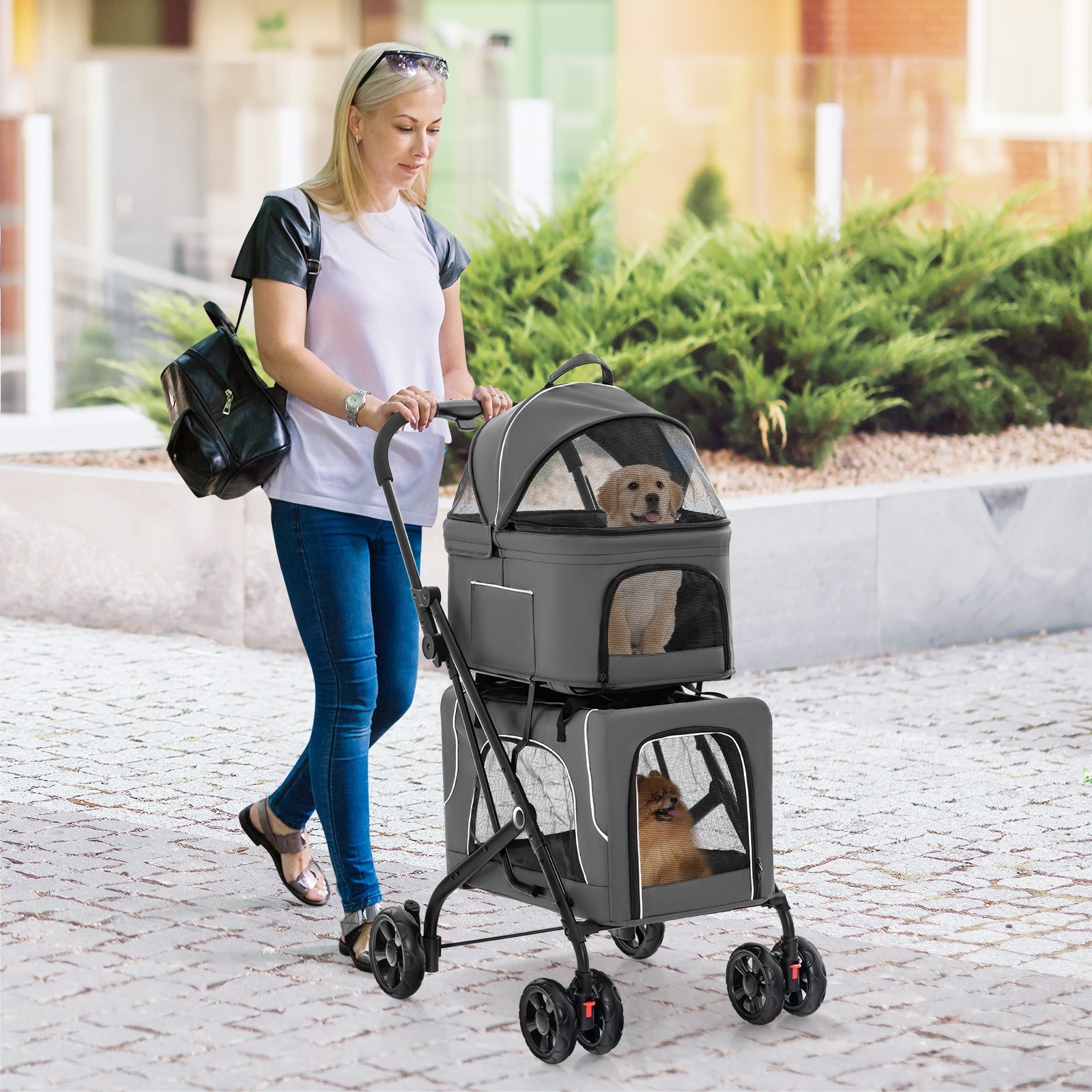 Double Pet Stroller, Foldable 3-in-1, Gray Dog Supplies at Gallery Canada