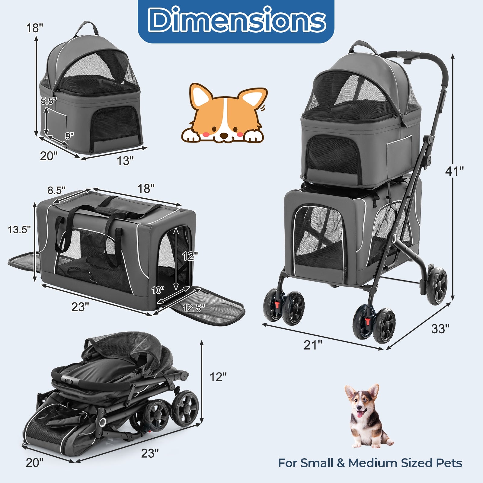 Double Pet Stroller, Foldable 3-in-1, Gray Dog Supplies at Gallery Canada