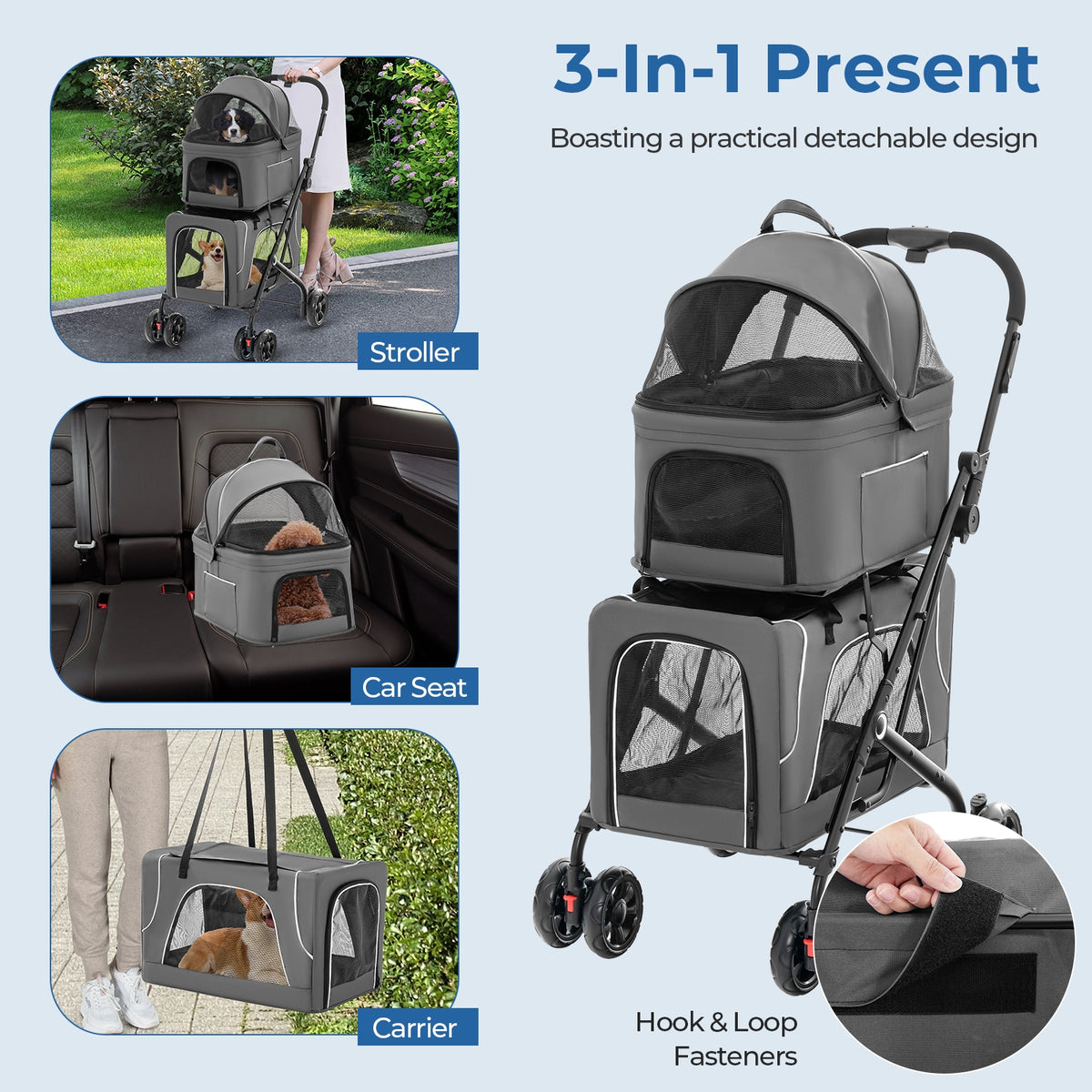 Double Pet Stroller, Foldable 3-in-1, Gray Dog Supplies at Gallery Canada