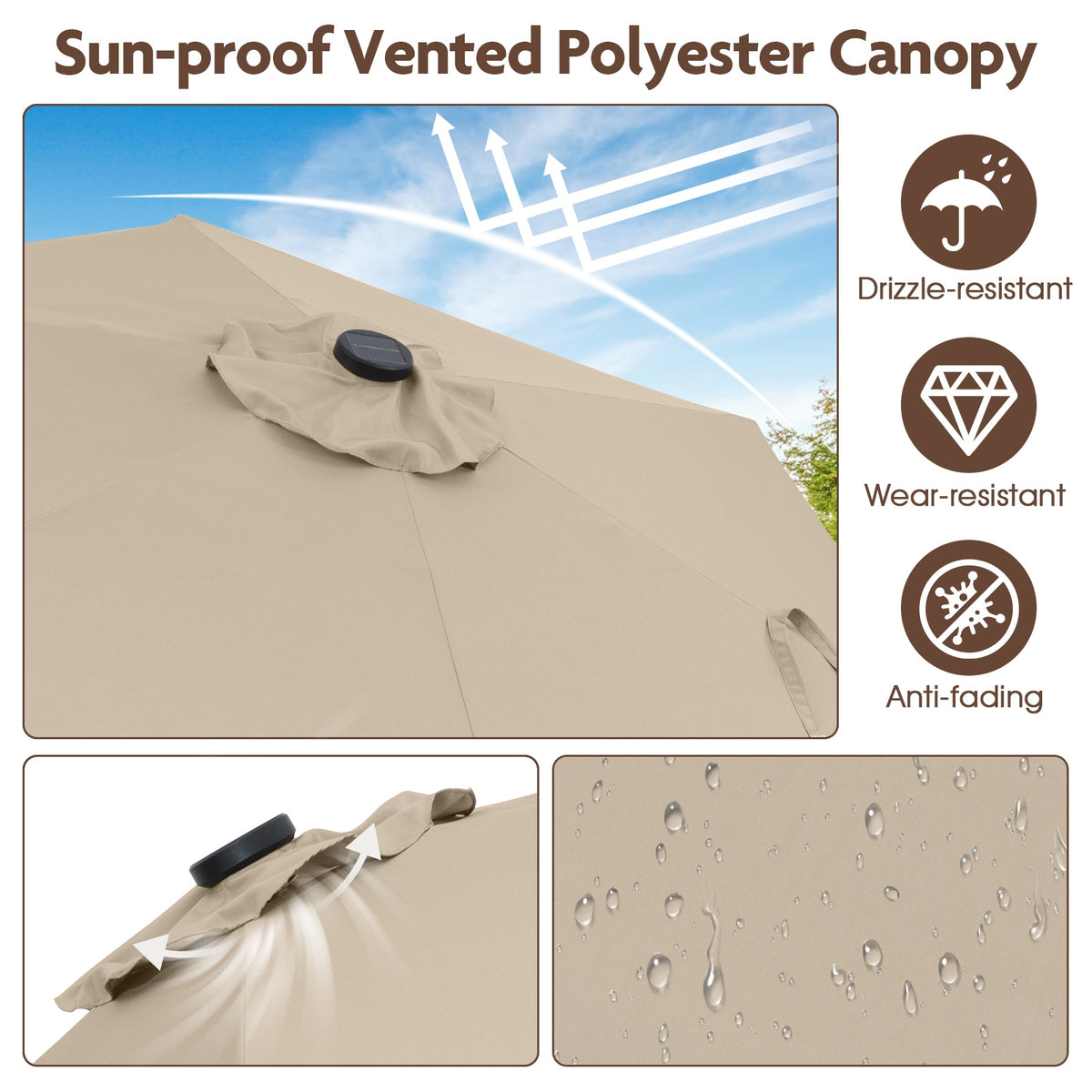 7.5 Feet Solar Patio Umbrella, LED Lights, Crank Handle, Beige Outdoor Umbrellas at Gallery Canada