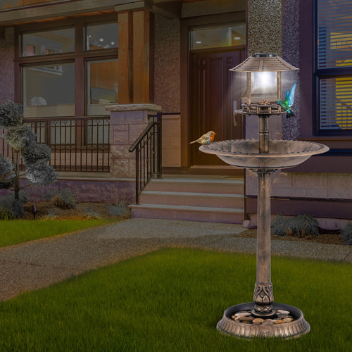 Pedestal Bird Bath With Solar Light, Feeder, Planter, Bronze