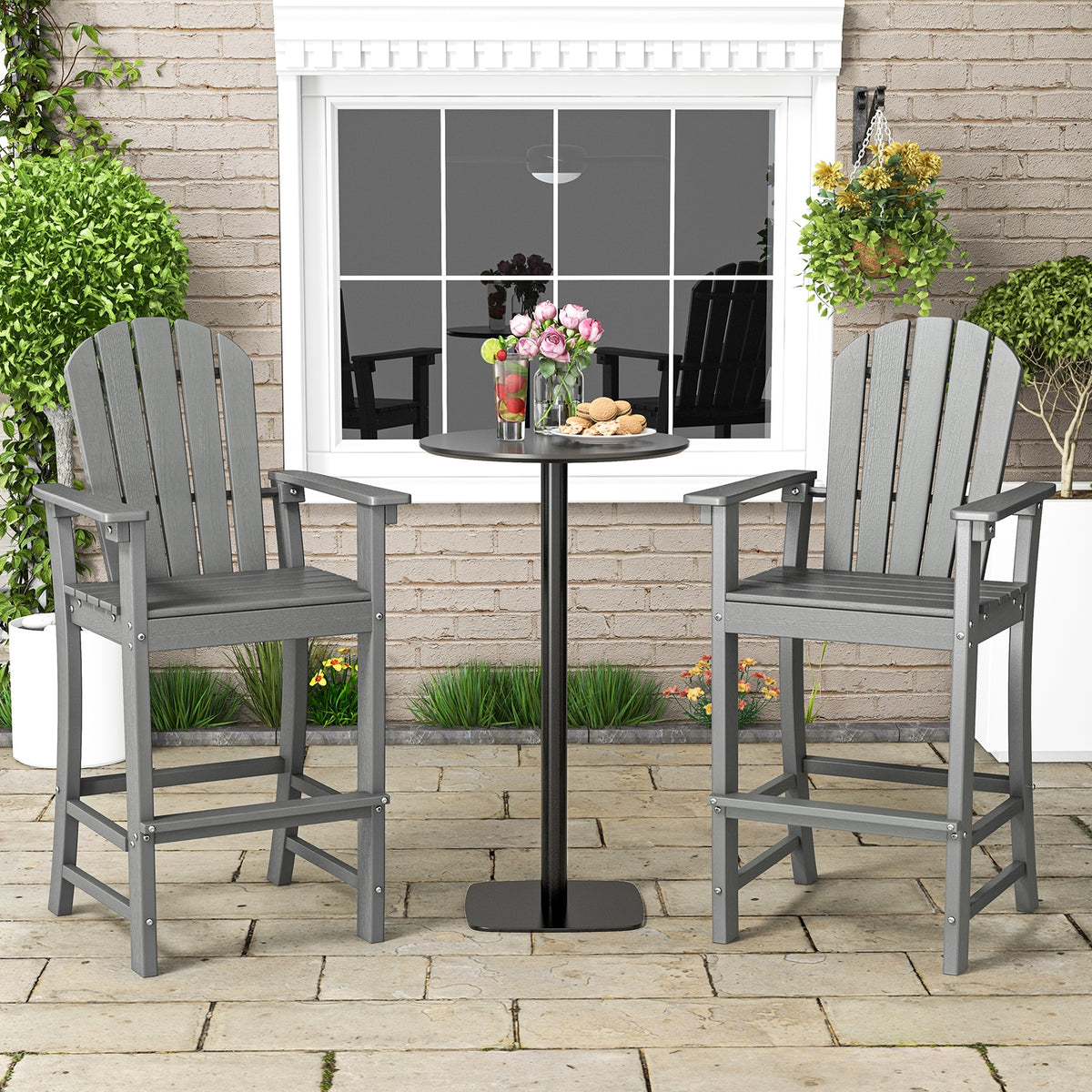 Set of 2 Outdoor HDPE Bar Stools, With Armrests and Footrest, Gray Patio Dining Chairs at Gallery Canada