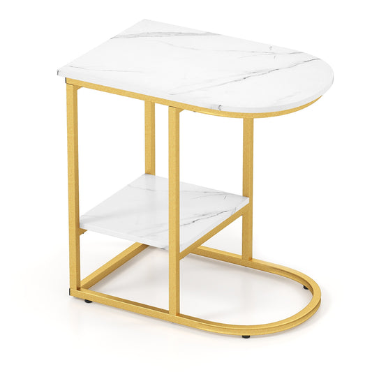 Modern C-Shaped Sofa Side Table, Faux Marble Tabletop With Storage Shelf, White End & Side Tables White at Gallery Canada