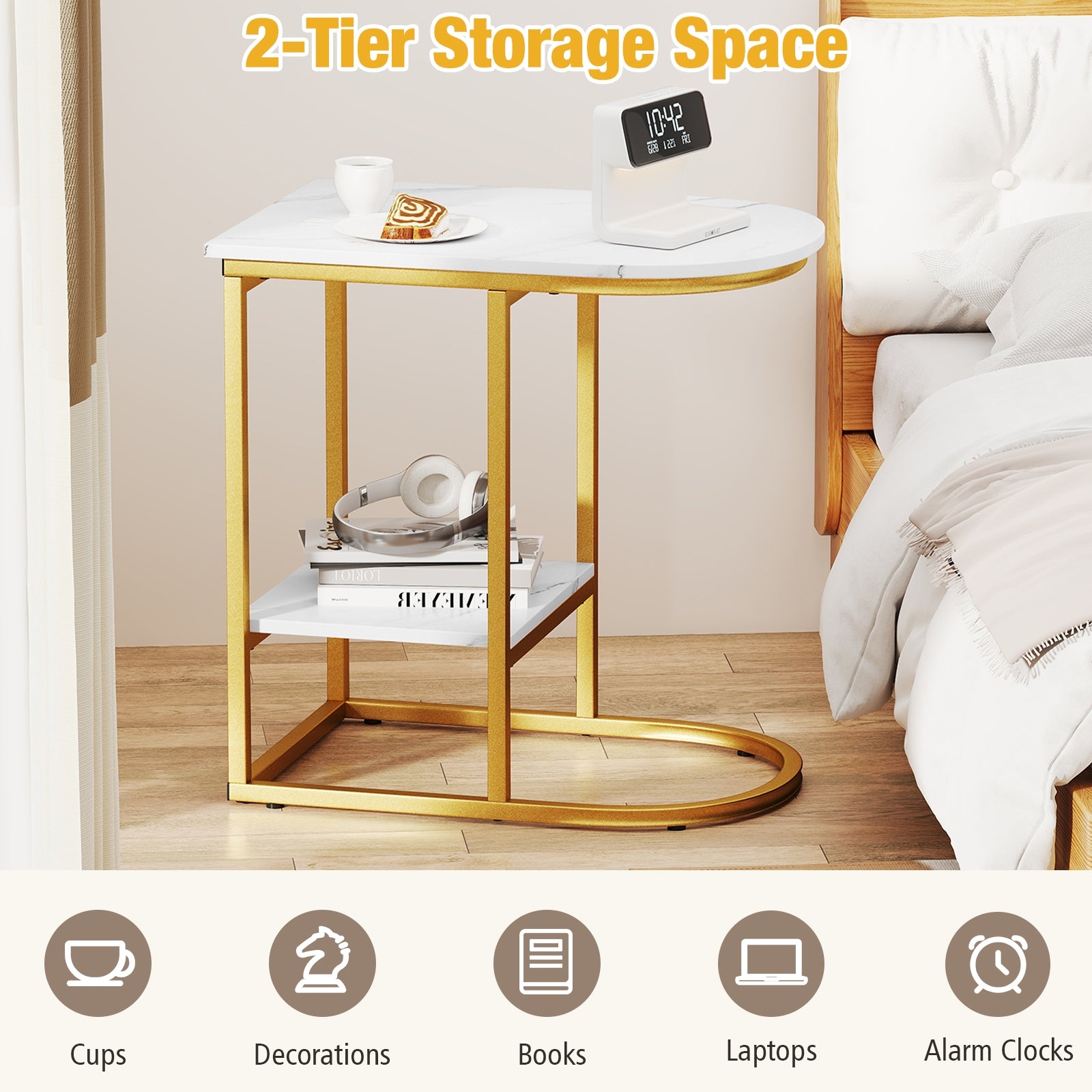 Modern C-Shaped Sofa Side Table, Faux Marble Tabletop With Storage Shelf, White End & Side Tables at Gallery Canada