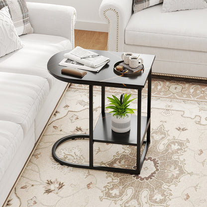 Modern C-Shaped Sofa Side Table, Faux Marble Top, Storage Shelf, Black End & Side Tables at Gallery Canada