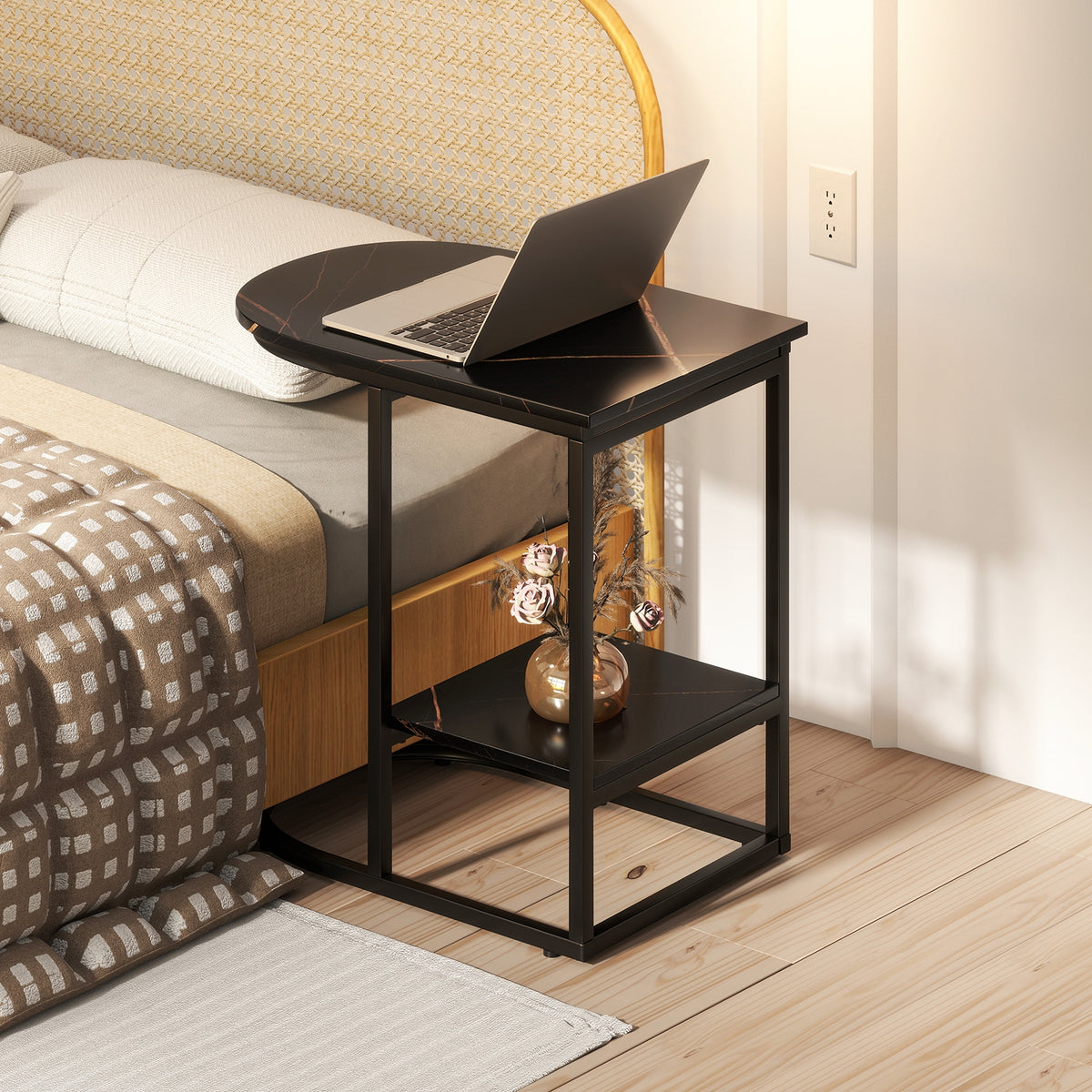 Modern C-Shaped Sofa Side Table, Faux Marble Top, Storage Shelf, Black End & Side Tables at Gallery Canada