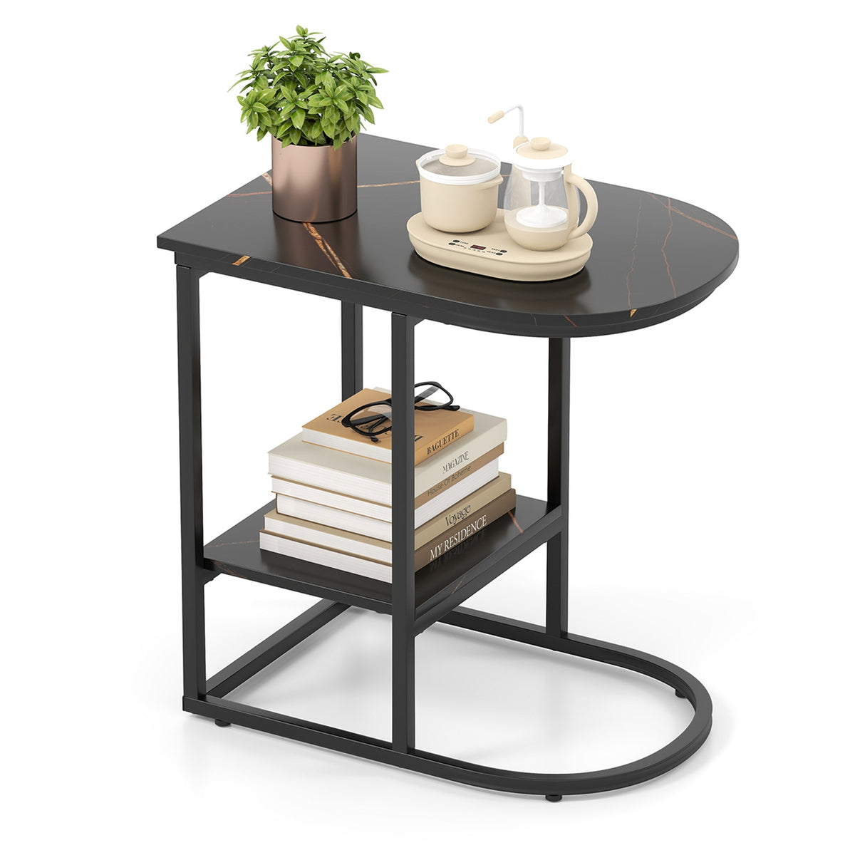 Modern C-Shaped Sofa Side Table, Faux Marble Top, Storage Shelf, Black End & Side Tables at Gallery Canada