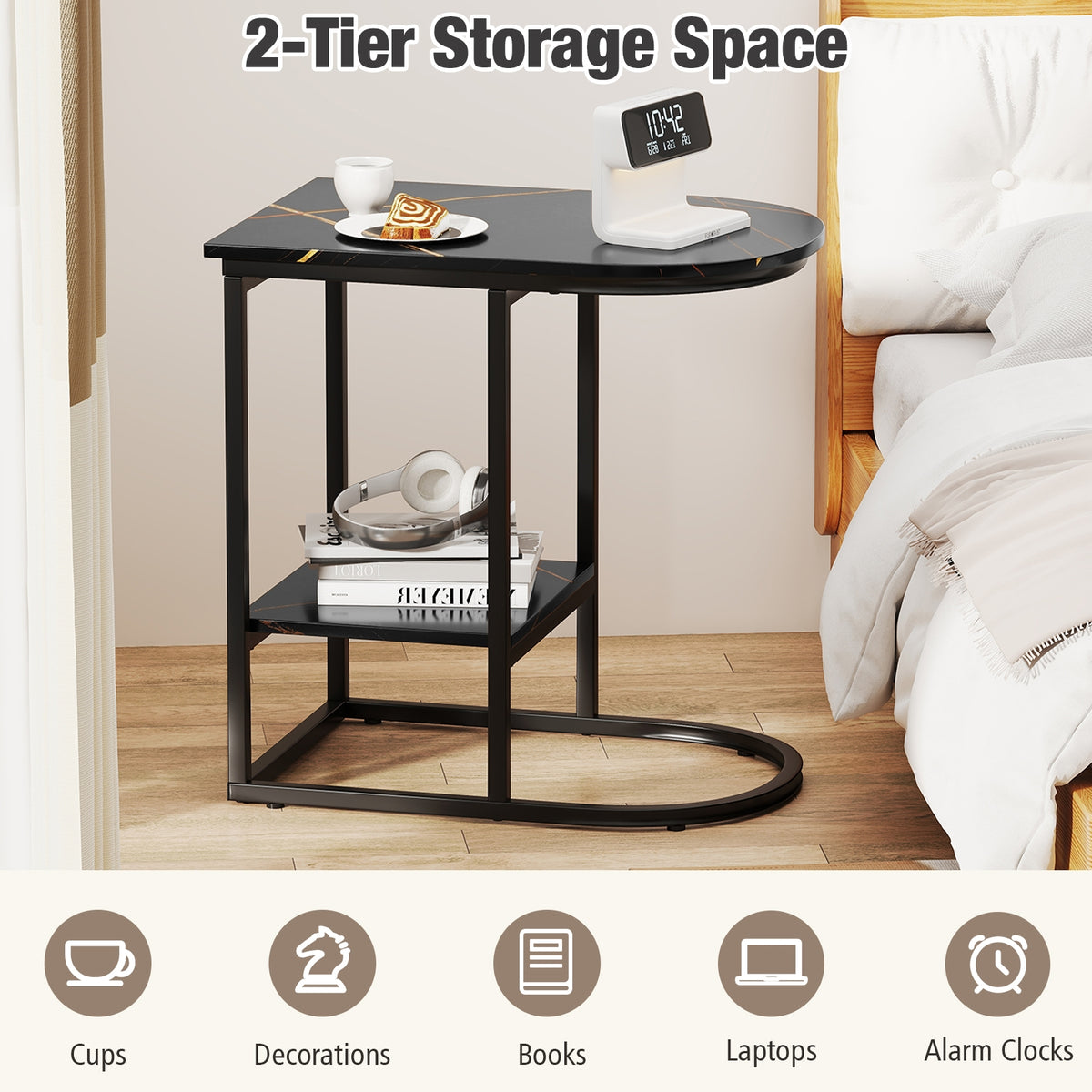 Modern C-Shaped Sofa Side Table, Faux Marble Top, Storage Shelf, Black End & Side Tables at Gallery Canada