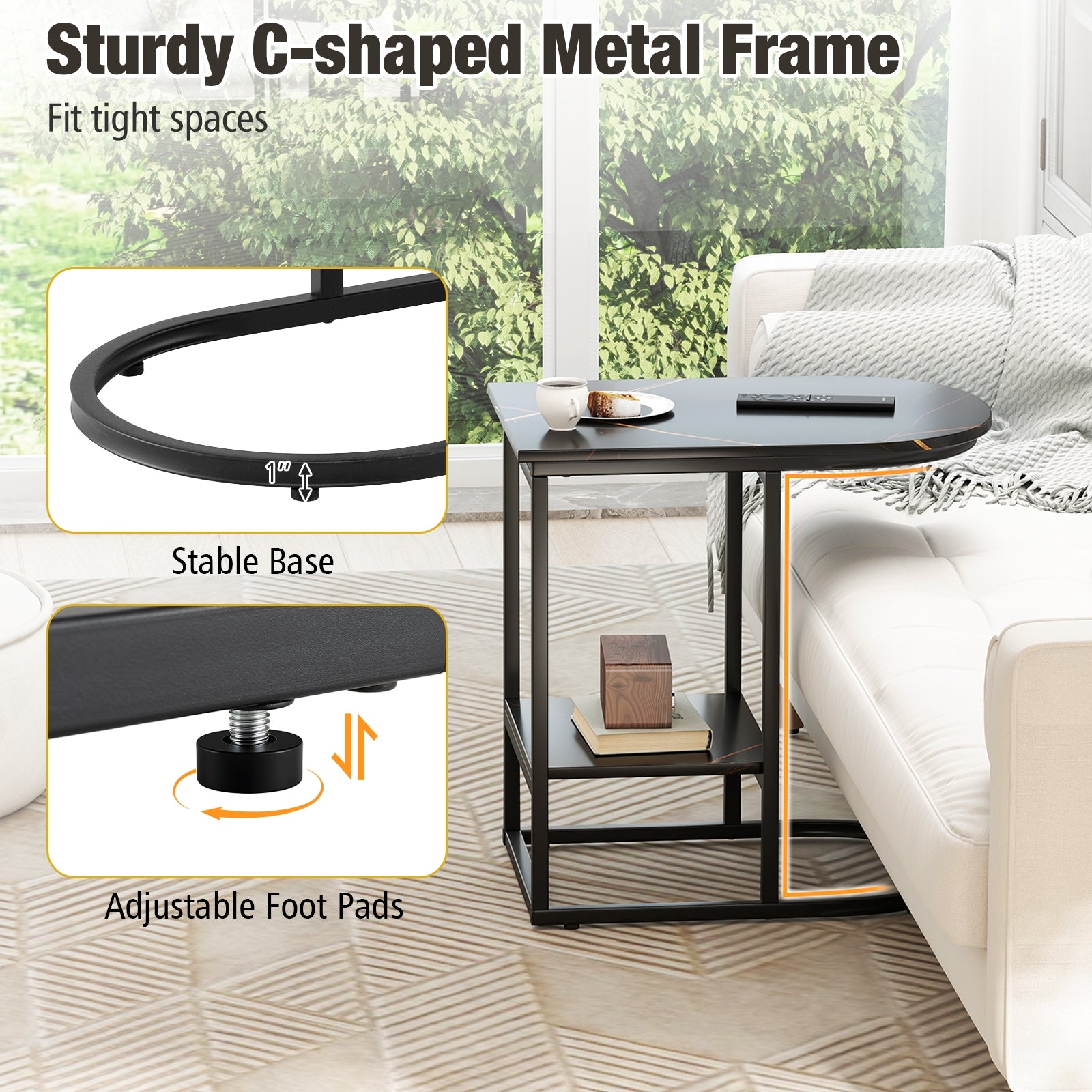 Modern C-Shaped Sofa Side Table, Faux Marble Top, Storage Shelf, Black End & Side Tables at Gallery Canada