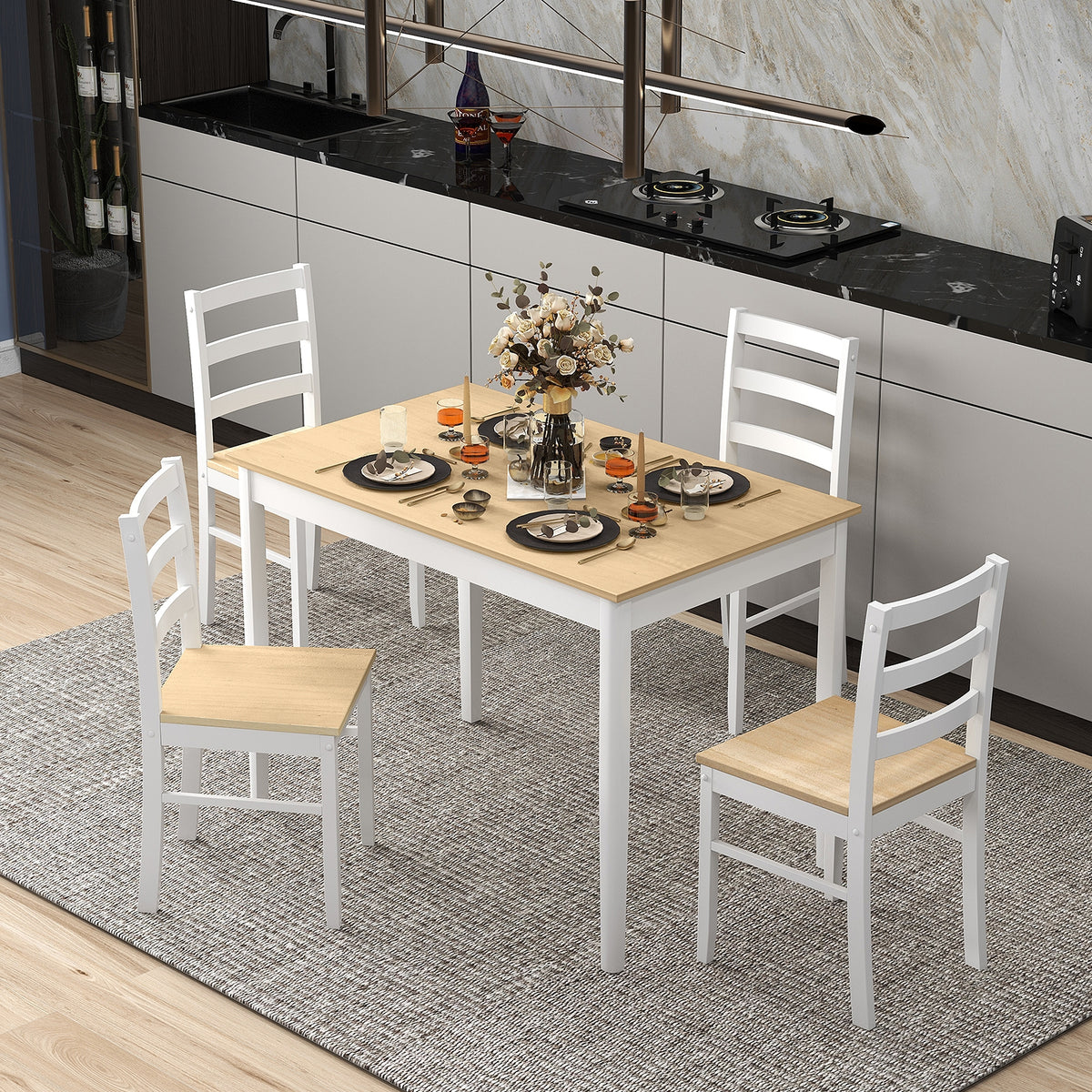 5-Piece Wooden Dining Set, Rectangular Table, 4 Chairs, Natural Dining Room Sets at Gallery Canada