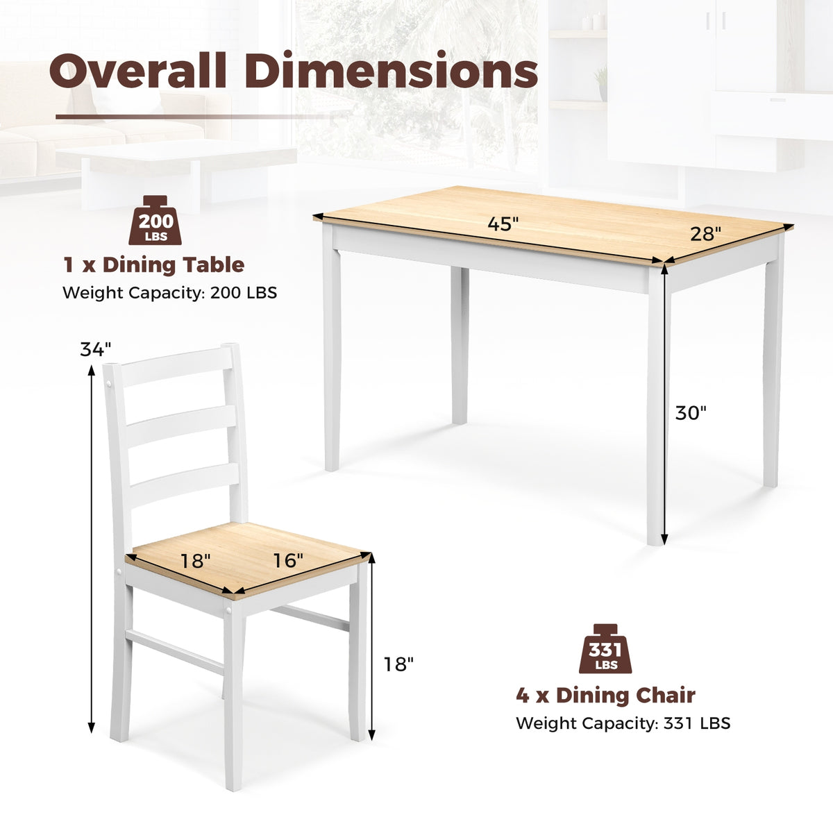 5-Piece Wooden Dining Set, Rectangular Table, 4 Chairs, Natural Dining Room Sets at Gallery Canada