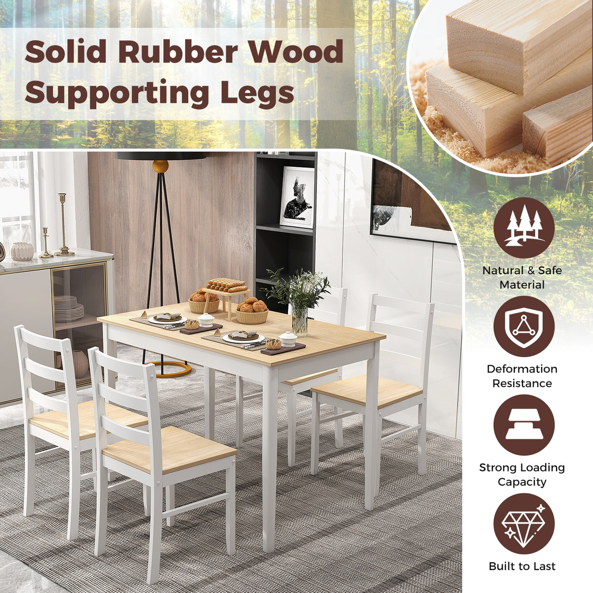 5-Piece Wooden Dining Set, Rectangular Table, 4 Chairs, Natural Dining Room Sets at Gallery Canada