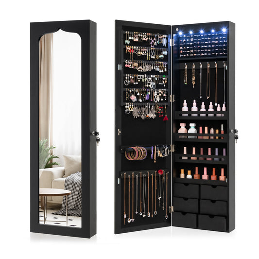Wall Mounted Mirror Jewelry Armoire, Lockable, 5 LEDs, 6 Drawers, Black Jewelry Armoires Black at Gallery Canada
