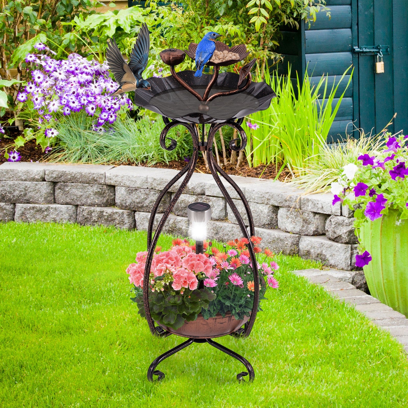Solar Bird Bath Feeder, Planter Pedestal With Lights, Copper Pets at Gallery Canada