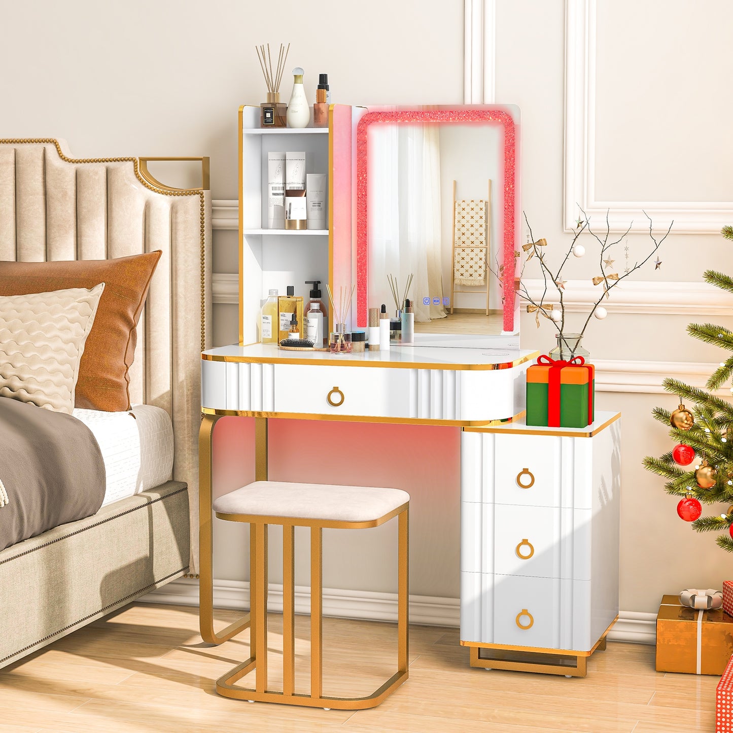 Vanity Table Set With LED Lights, Wireless Charging Station, White Makeup Vanities at Gallery Canada