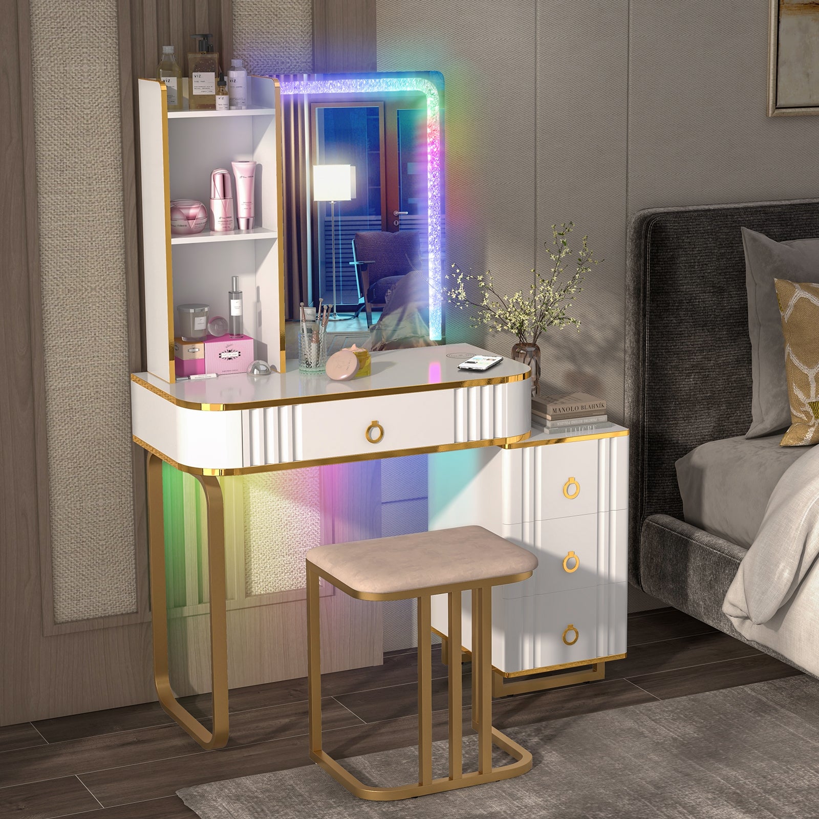 Vanity Table Set With LED Lights, Wireless Charging Station, White Makeup Vanities at Gallery Canada
