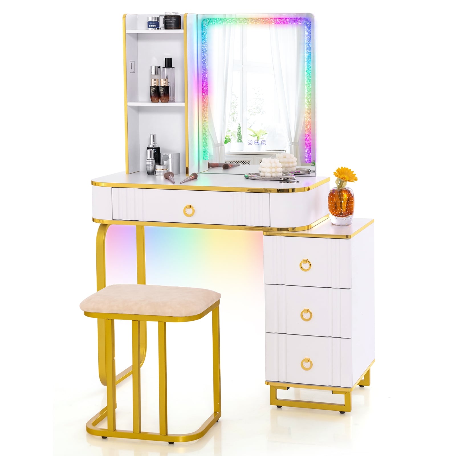 Vanity Table Set With LED Lights, Wireless Charging Station, White Makeup Vanities at Gallery Canada