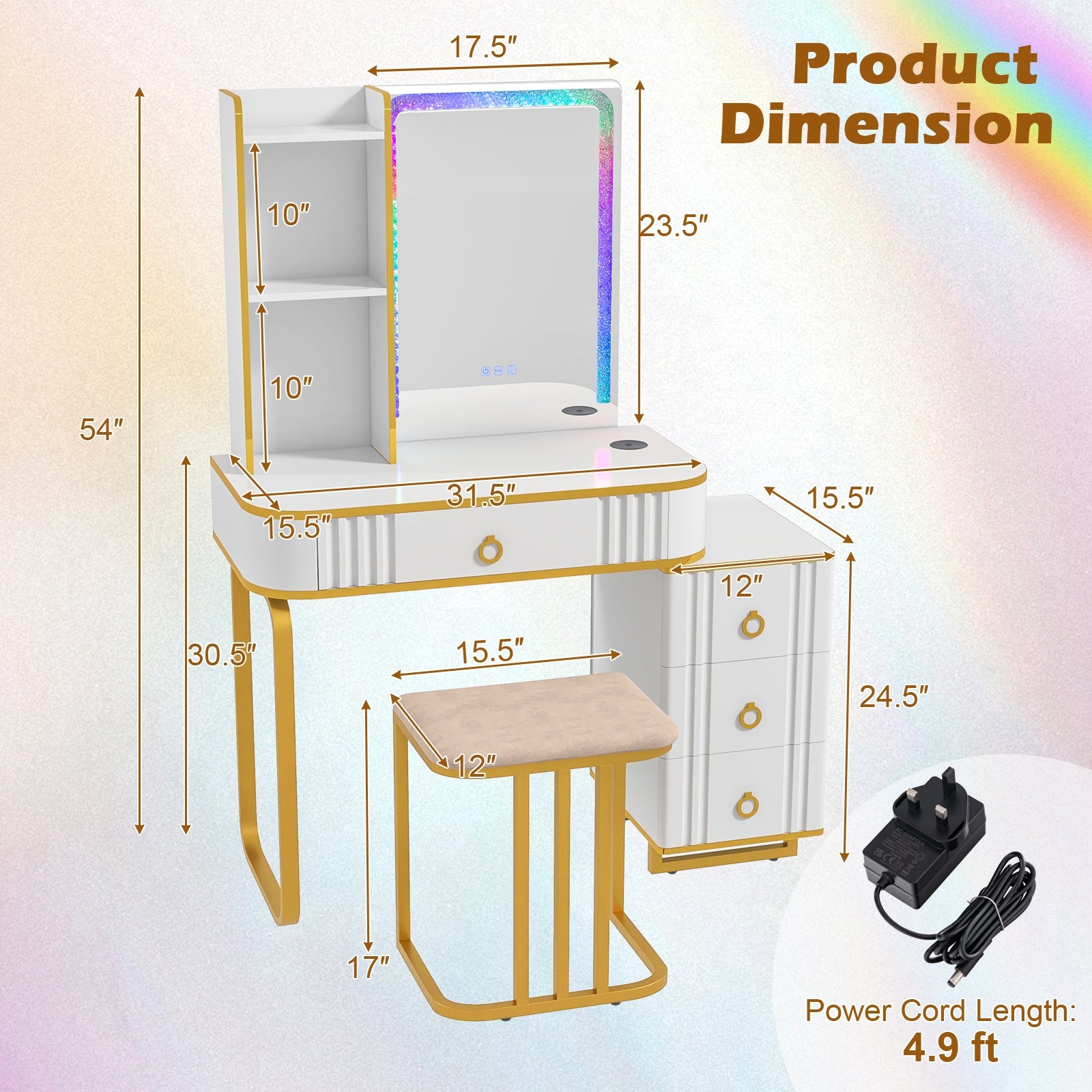 Vanity Table Set With LED Lights, Wireless Charging Station, White Makeup Vanities at Gallery Canada