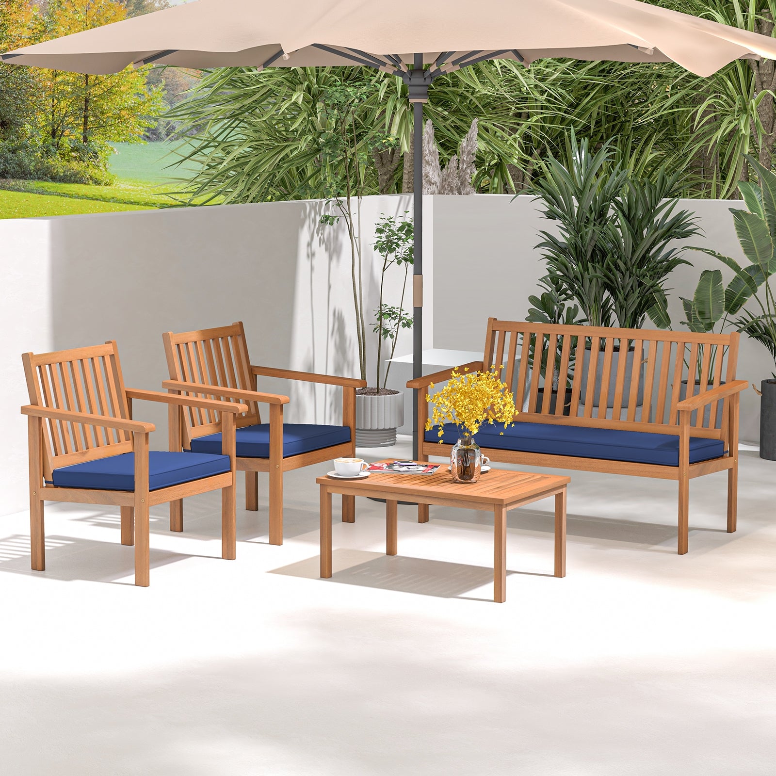 4 Piece Acacia Wood Patio Sofa Set, Loveseat, Navy Patio Conversation Sets at Gallery Canada