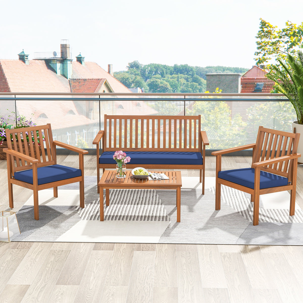 4 Piece Acacia Wood Patio Sofa Set, Loveseat, Navy Patio Conversation Sets at Gallery Canada