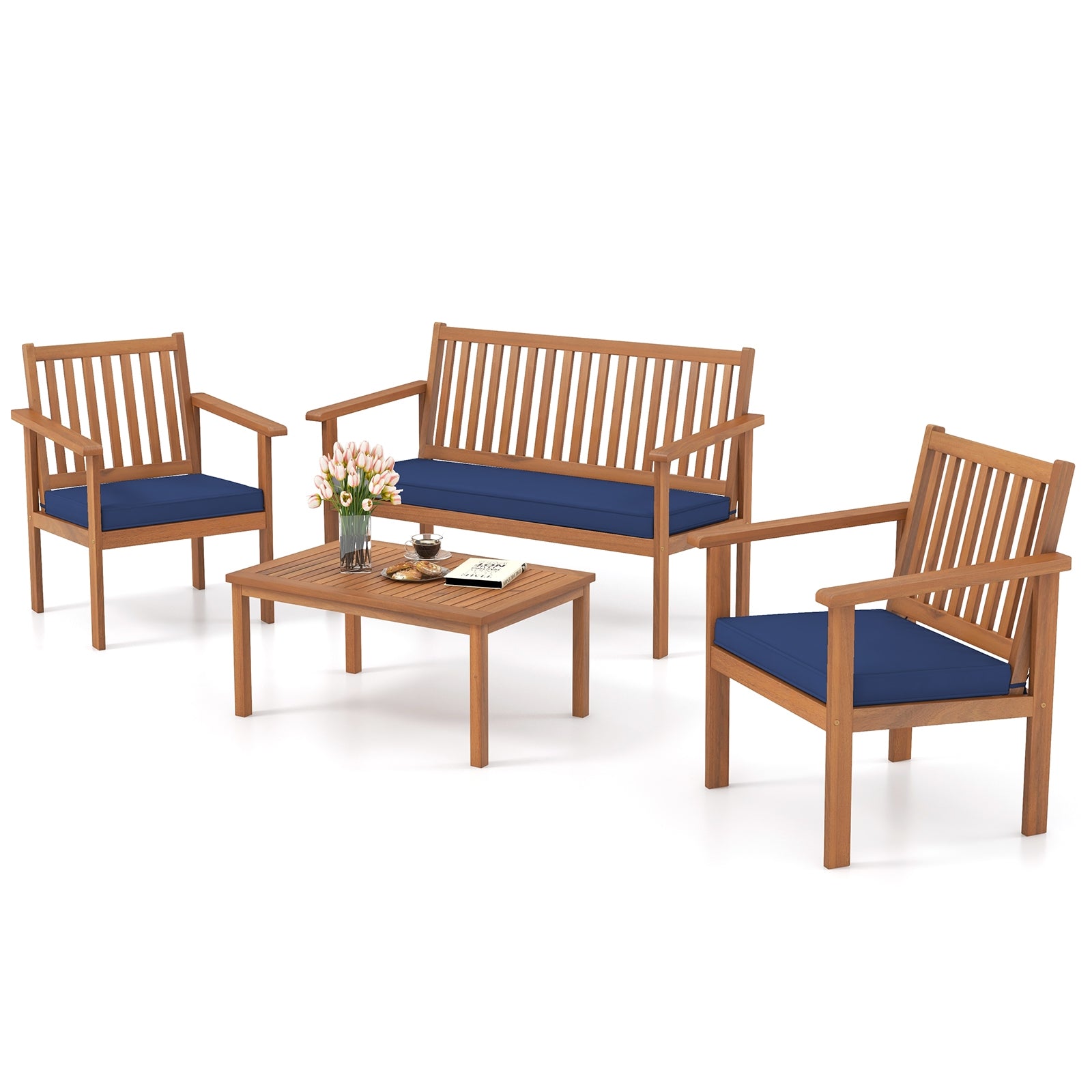 4 Piece Acacia Wood Patio Sofa Set, Loveseat, Navy Patio Conversation Sets Navy at Gallery Canada