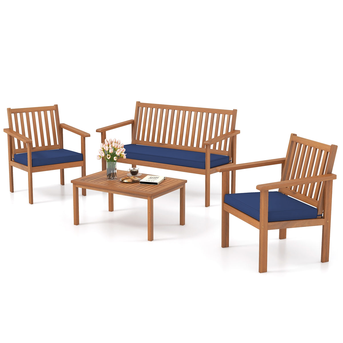 4 Piece Acacia Wood Patio Sofa Set, Loveseat, Navy Patio Conversation Sets Navy at Gallery Canada