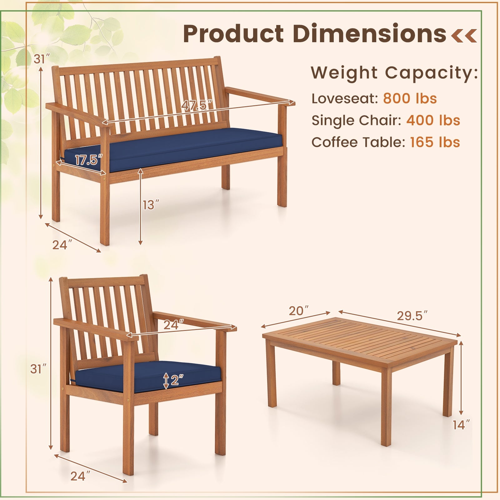 4 Piece Acacia Wood Patio Sofa Set, Loveseat, Navy Patio Conversation Sets at Gallery Canada