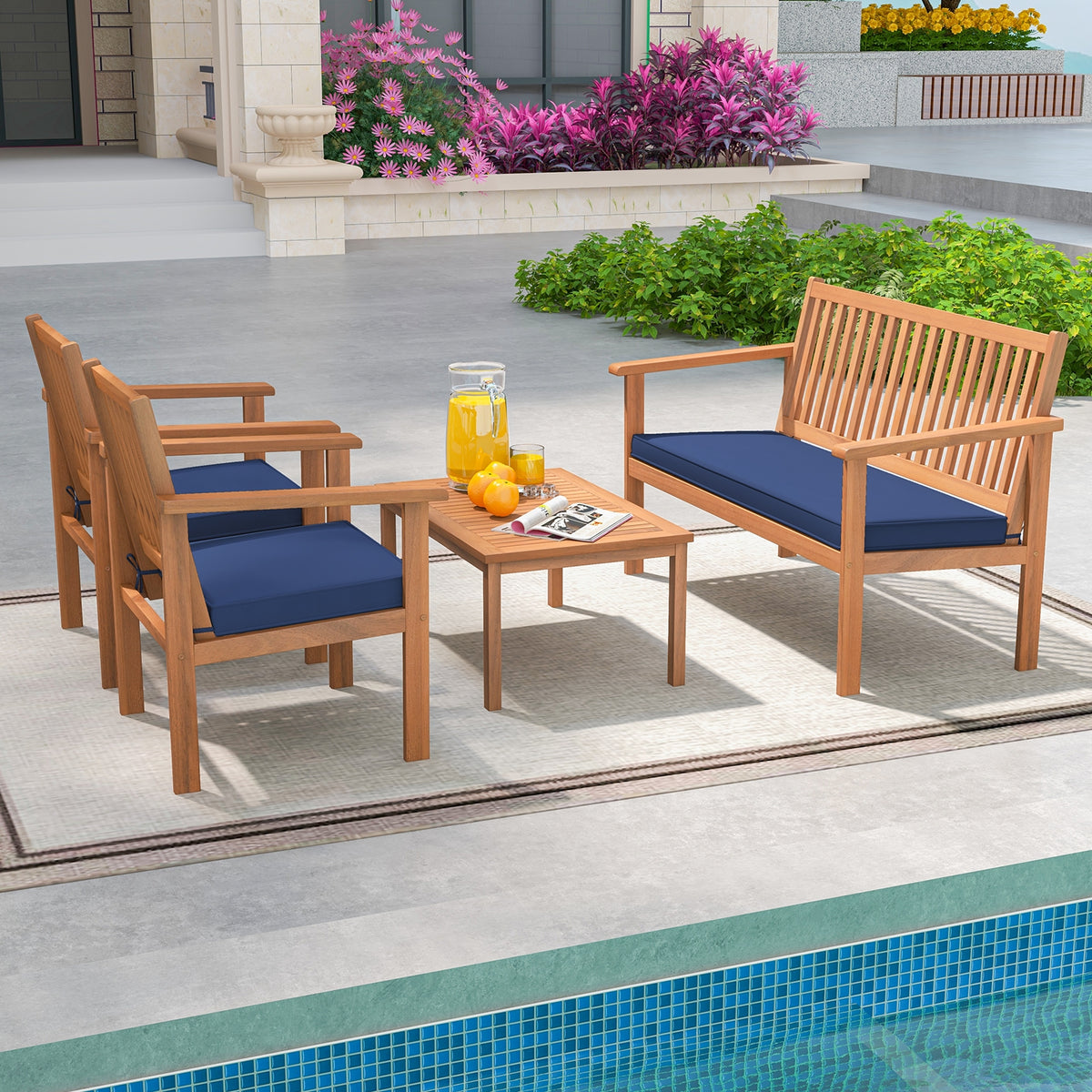 4 Piece Acacia Wood Patio Sofa Set, Loveseat, Navy Patio Conversation Sets at Gallery Canada
